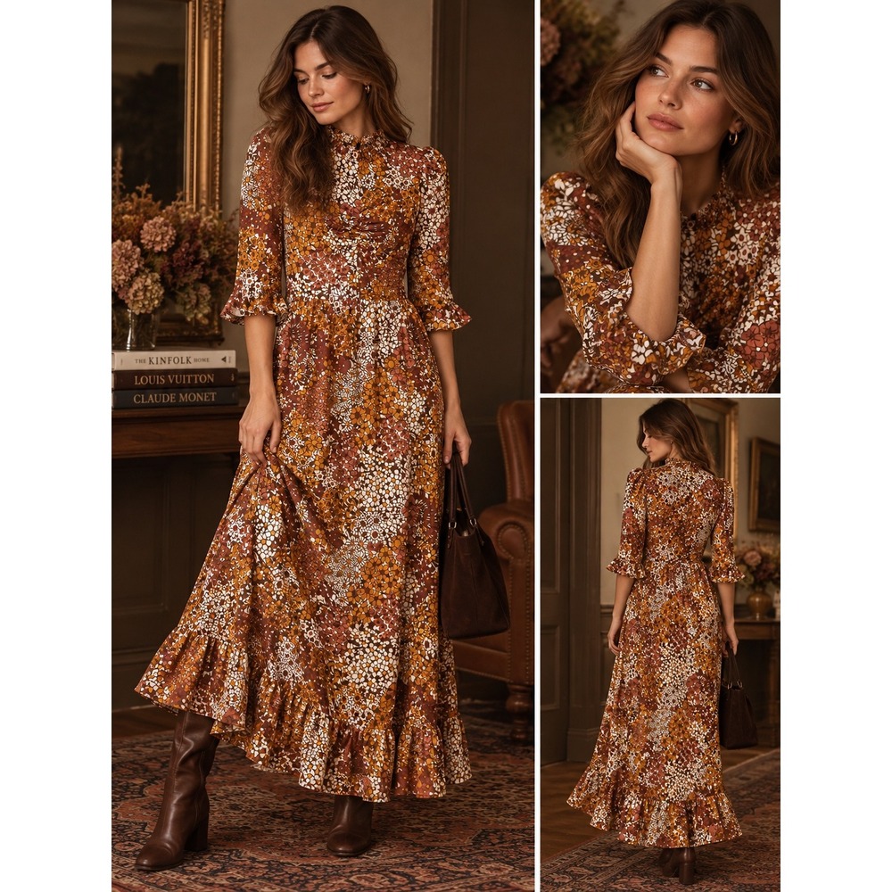 SEA New York Retro Floral Ruched Fall Boho Maxi Dress (MSRP: $550) Small